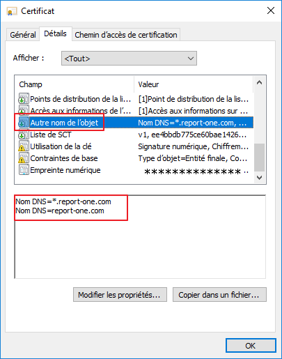 Vérifier le domaine (DNS) du certificat, accessible dans les propriétés du certificat (onglet détails)